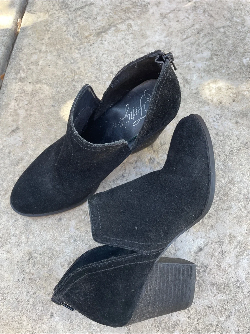 Fergie Black Suede Chunky Heel Ankle Booties
